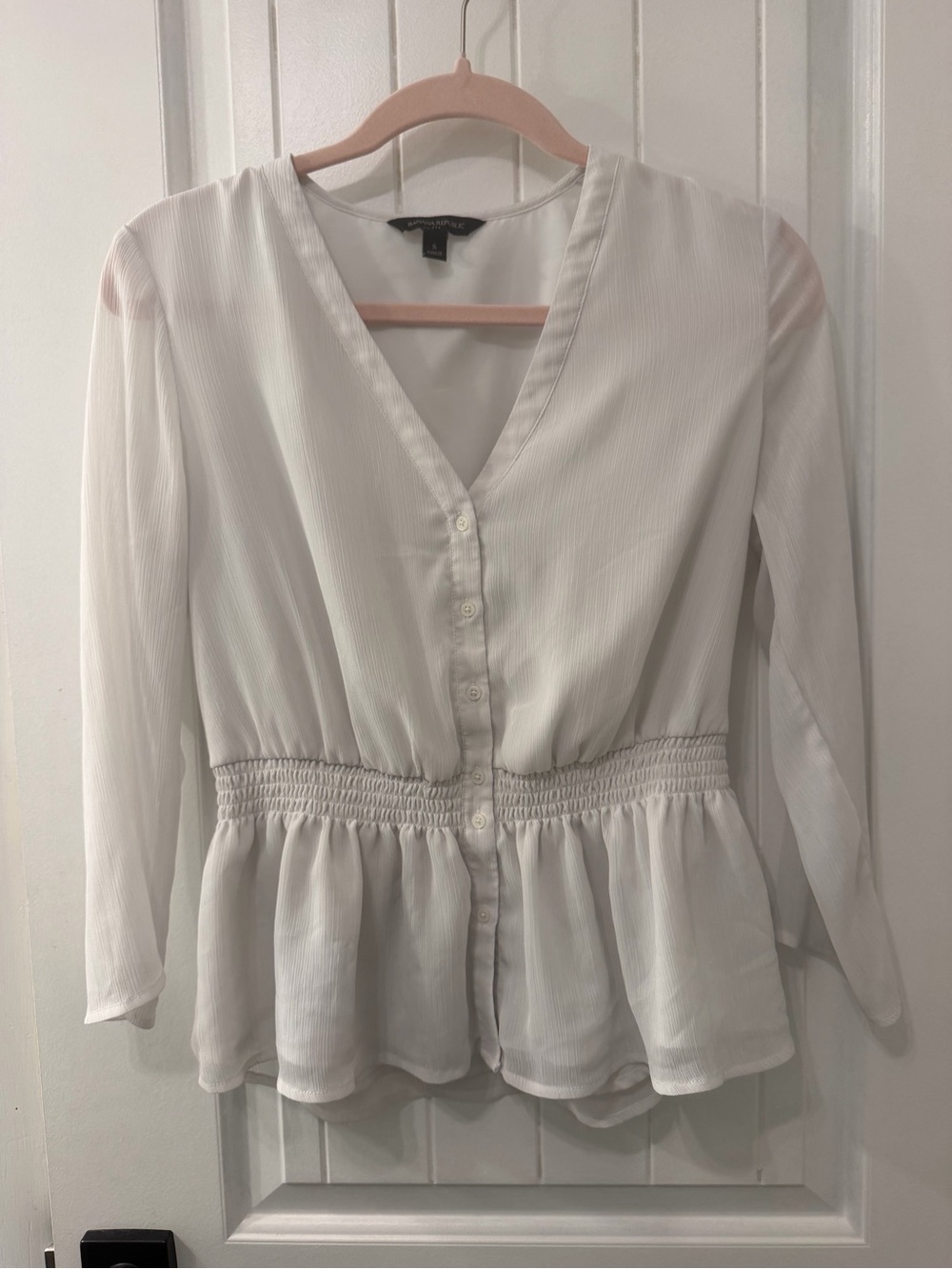 Banana Republic Cream V-Neck Smocked Waist Blouse